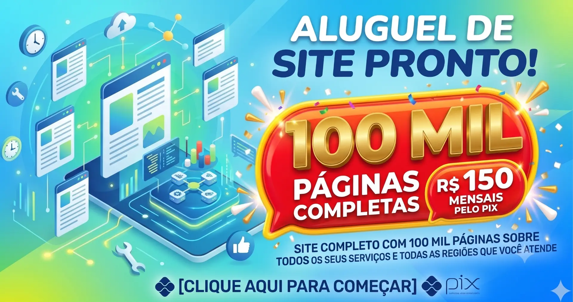 Aluguel de site pronto: 100 mil páginas completas com todos os seus serviços e todas as regiões que você atende